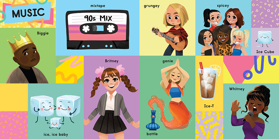 Hardcover book titled "First 100 Words from the 90s" by Insight Editions, featuring colorful 90s-themed illustrations.