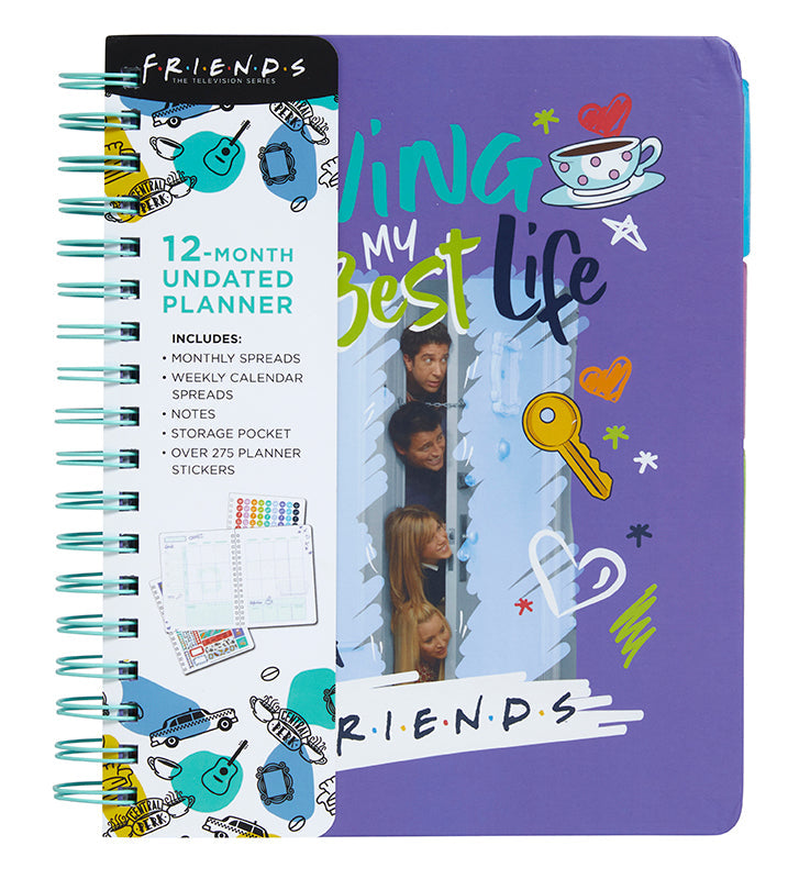Hardcover Friends 12-Month Undated Planner by Insight Editions featuring iconic TV show cover and calendar pages inside.