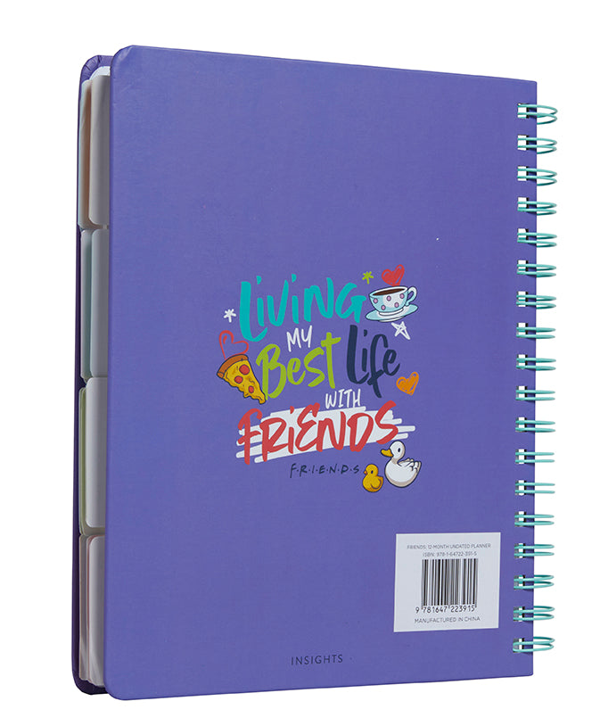 Hardcover Friends 12-Month Undated Planner with colorful cover featuring the TV show's logo and characters from Insight Editions.