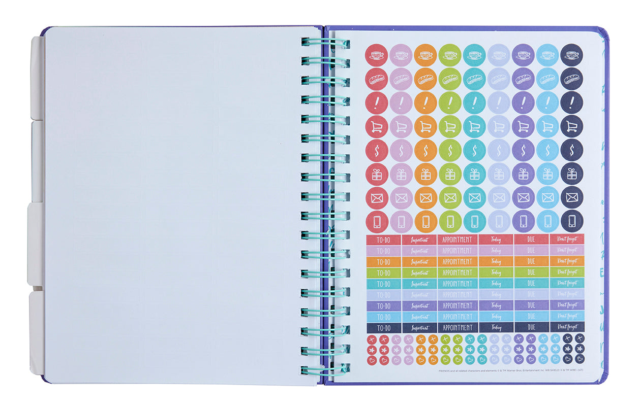 Hardcover Friends 12-Month Undated Planner by Insight Editions with colorful cover design and weekly planning pages.