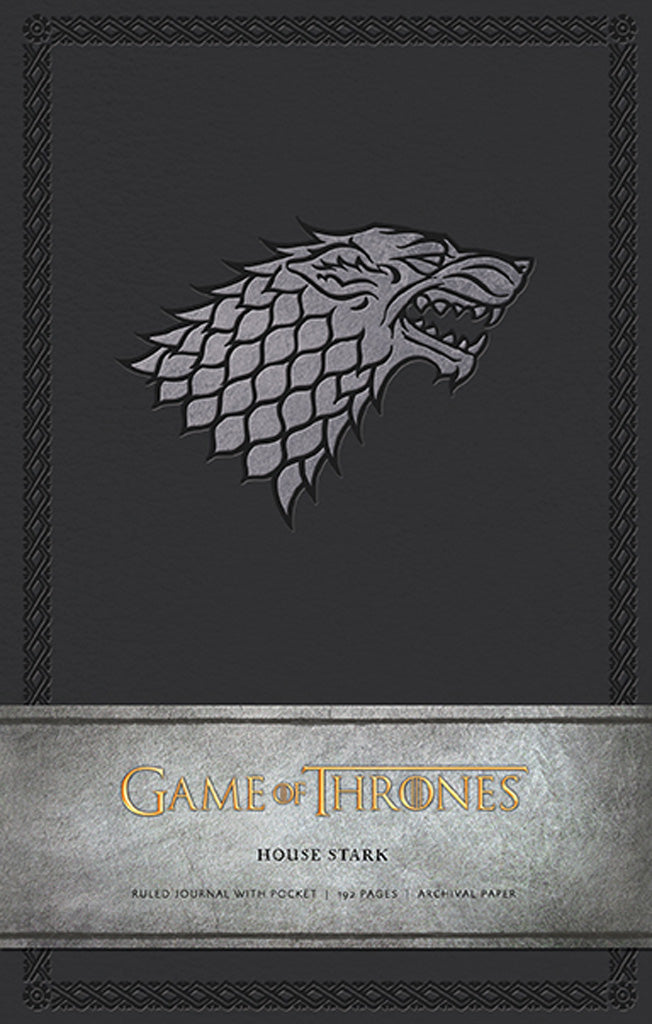 Large hardcover Game of Thrones House Stark journal by Insight Editions with ruled pages and House Stark sigil design.