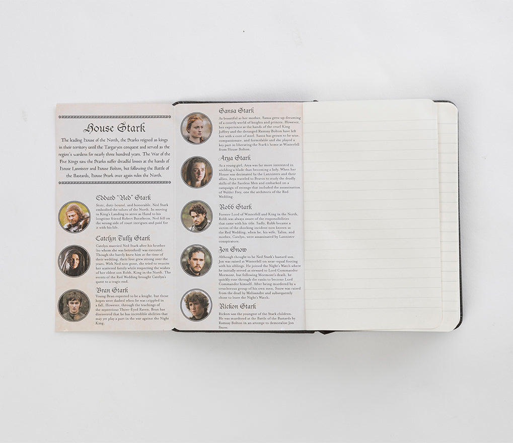 Hardcover Game of Thrones House Stark Ruled Pocket Journal by Insight Editions with Stark sigil and ruled pages inside.