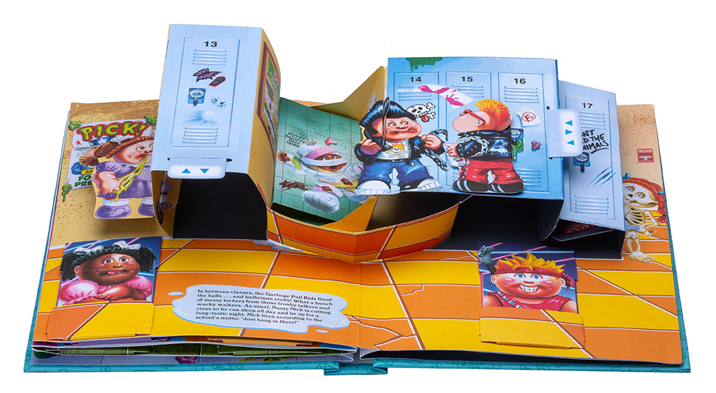 Hardcover Garbage Pail Kids: The Ultimate Pop-Up Yearbook by Insight Editions featuring colorful pop-up illustrations and vintage cartoon art.