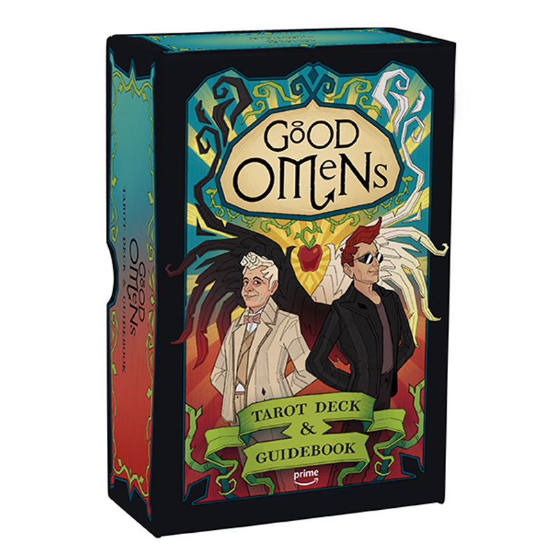 Hardcover Good Omens Tarot Deck and Guidebook by Insight Editions, featuring illustrated cards and a detailed guide.