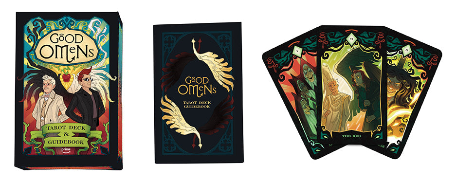 Hardcover Good Omens Tarot Deck and Guidebook by Insight Editions, featuring artwork and card illustrations.