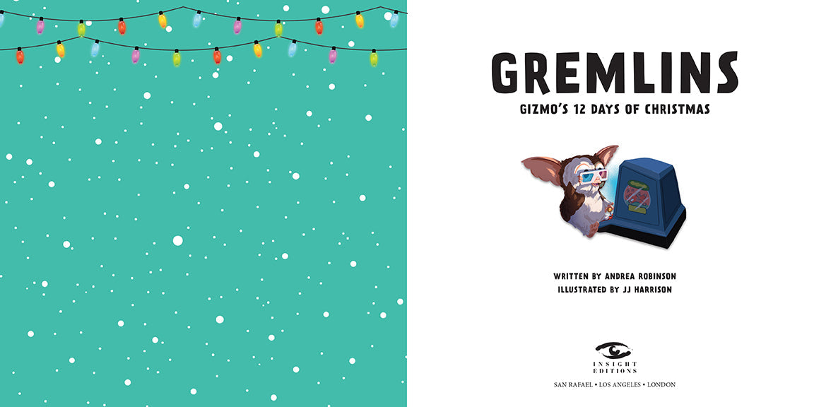 Hardcover book titled "Gremlins: Gizmo's 12 Days of Christmas" by Insight Editions featuring Gizmo on the cover.
