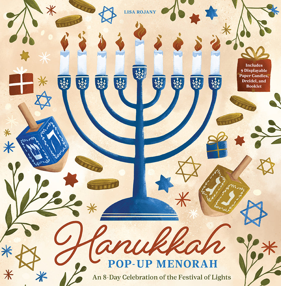 Open hardcover Hanukkah Pop-Up Menorah by Insight Editions with intricate paper menorah design and colorful holiday illustrations.