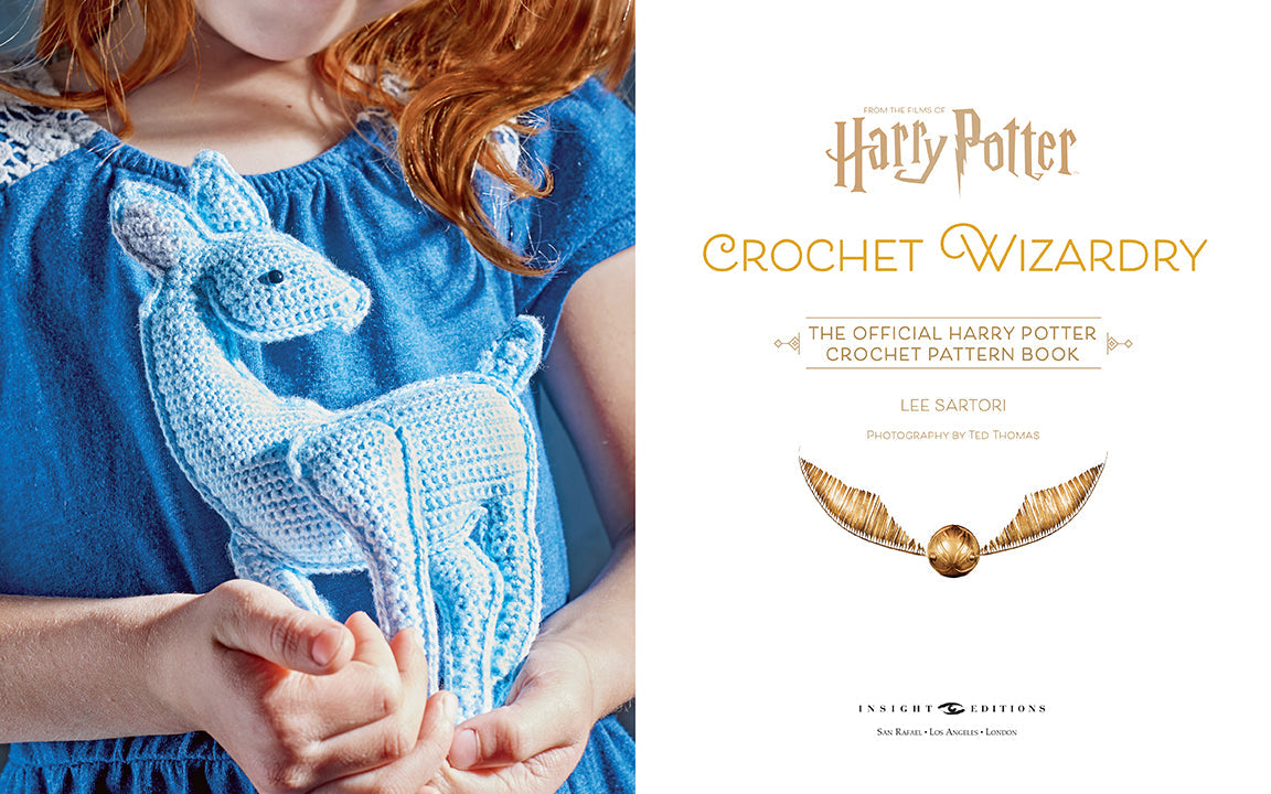 Hardcover copy of Harry Potter: Crochet Wizardry by Insight Editions featuring a detailed magical crochet-themed design.