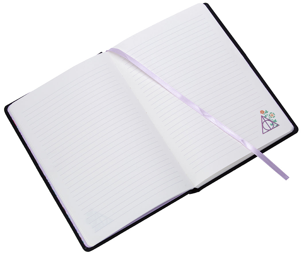 Hardcover Harry Potter Deathly Hallows embroidered journal with detailed cover design, perfect for writing and note-taking.