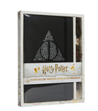 Harry Potter Deathly Hallows hardcover journal with Elder Wand pen set by Insight Editions, featuring magical designs and iconic symbols.