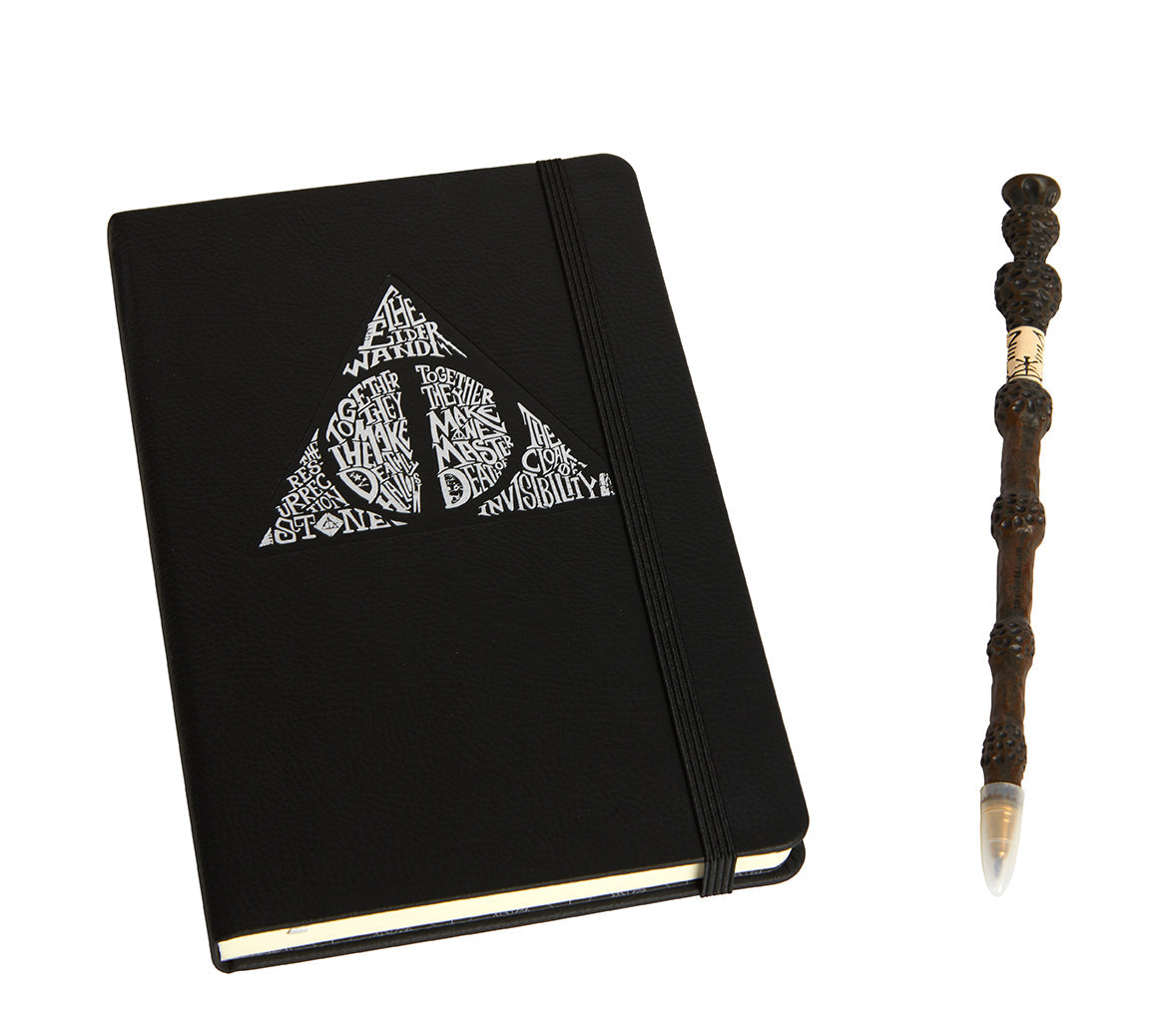 Harry Potter Deathly Hallows hardcover journal with Elder Wand pen set, featuring magical themed cover art and detailed design.