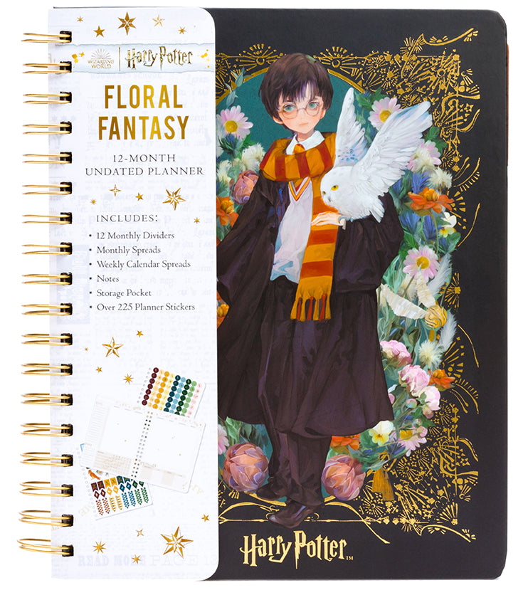 Hardcover Harry Potter Floral Fantasy 12-Month Undated Planner by Insight Editions with magical floral cover design.