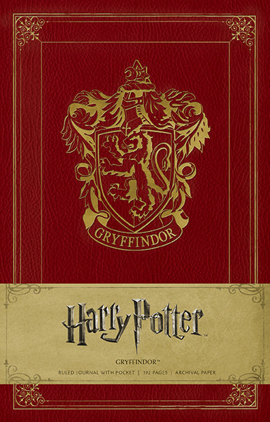 Gryffindor hardcover ruled journal from Harry Potter series by Insight Editions, featuring Gryffindor crest and wizard-themed design.