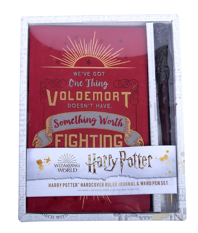 Harry Potter hardcover ruled journal with wand pen set from Insight Editions, featuring magical Harry Potter-themed cover and accessories.