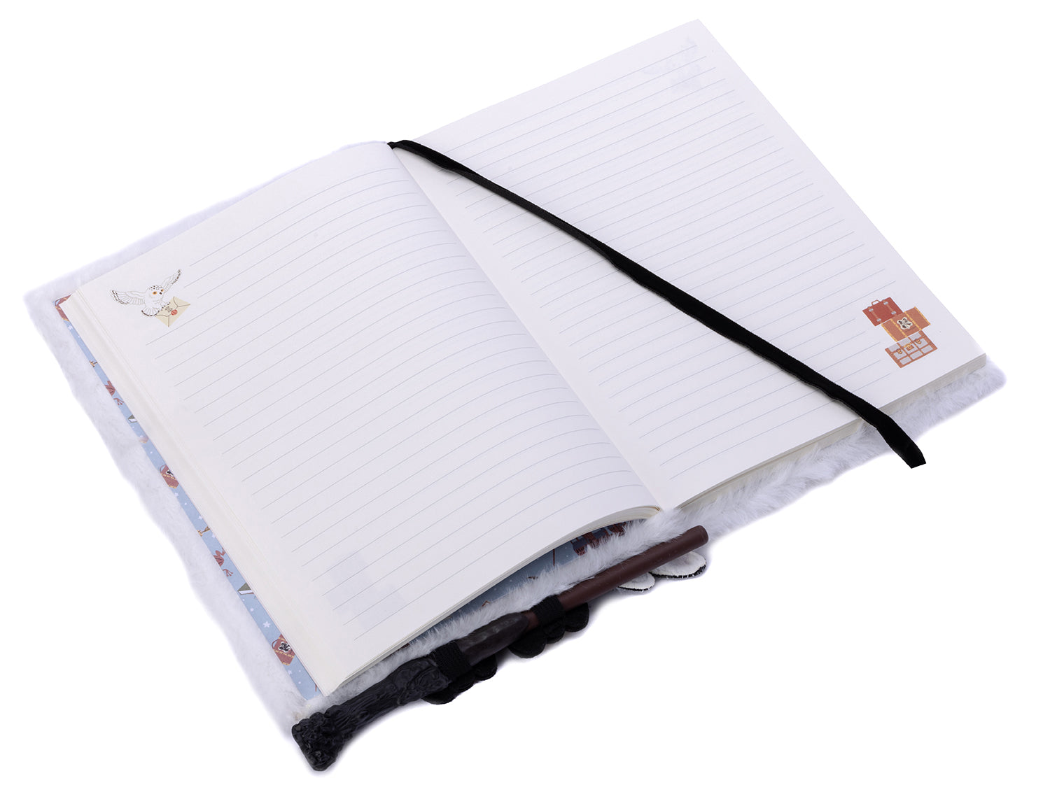 Hardcover Harry Potter Hedwig plush journal by Insight Editions with detailed Hedwig owl design and soft plush cover.