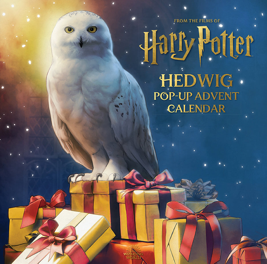 Hardcover Harry Potter Hedwig Pop-Up Advent Calendar by Insight Editions featuring magical owl illustrations and festive holiday scenes.