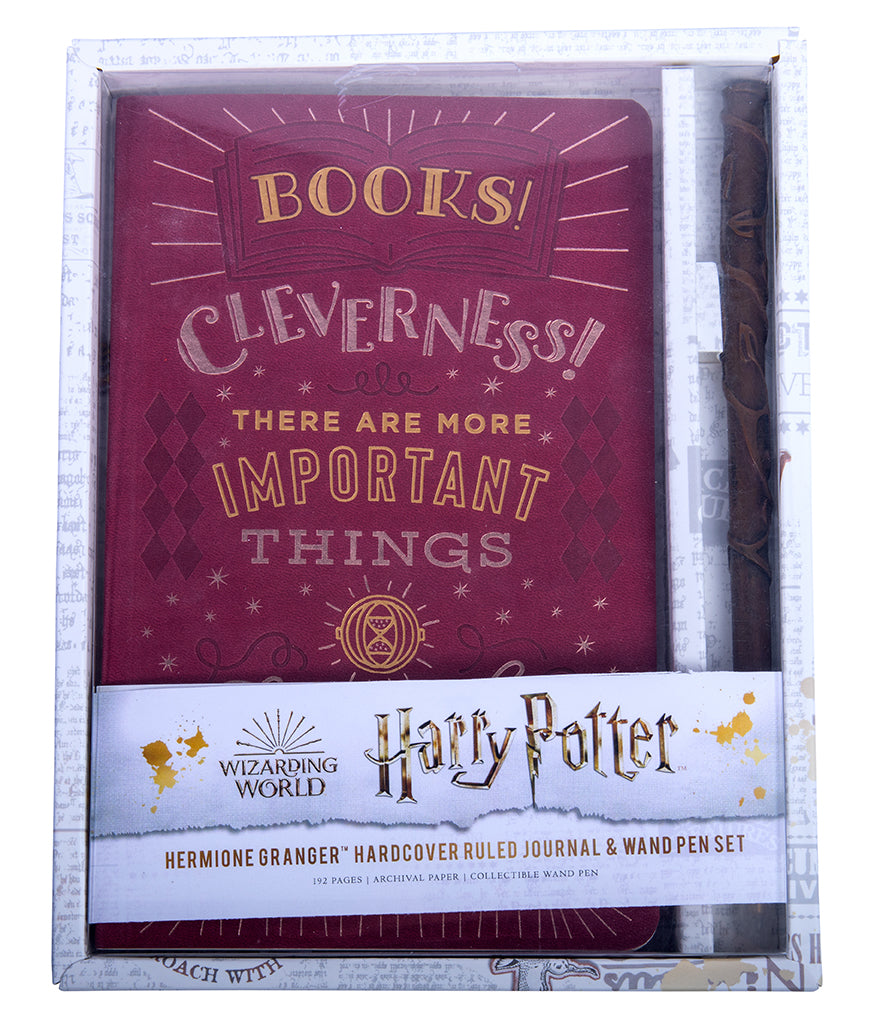 Hermione Granger hardcover ruled journal with wand pen set from Harry Potter by Insight Editions, featuring magical book and wand accessories.