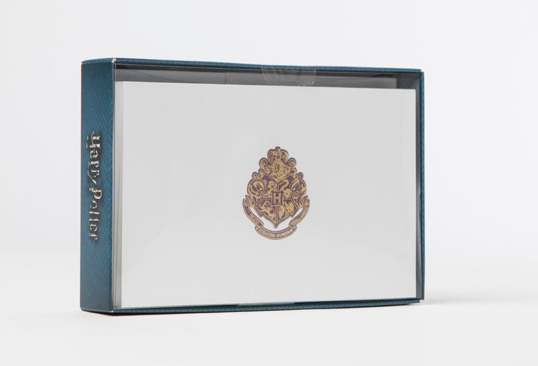 Set of 10 Harry Potter Hogwarts foil note cards in a hardcover Insight Editions box with magical wizarding designs.