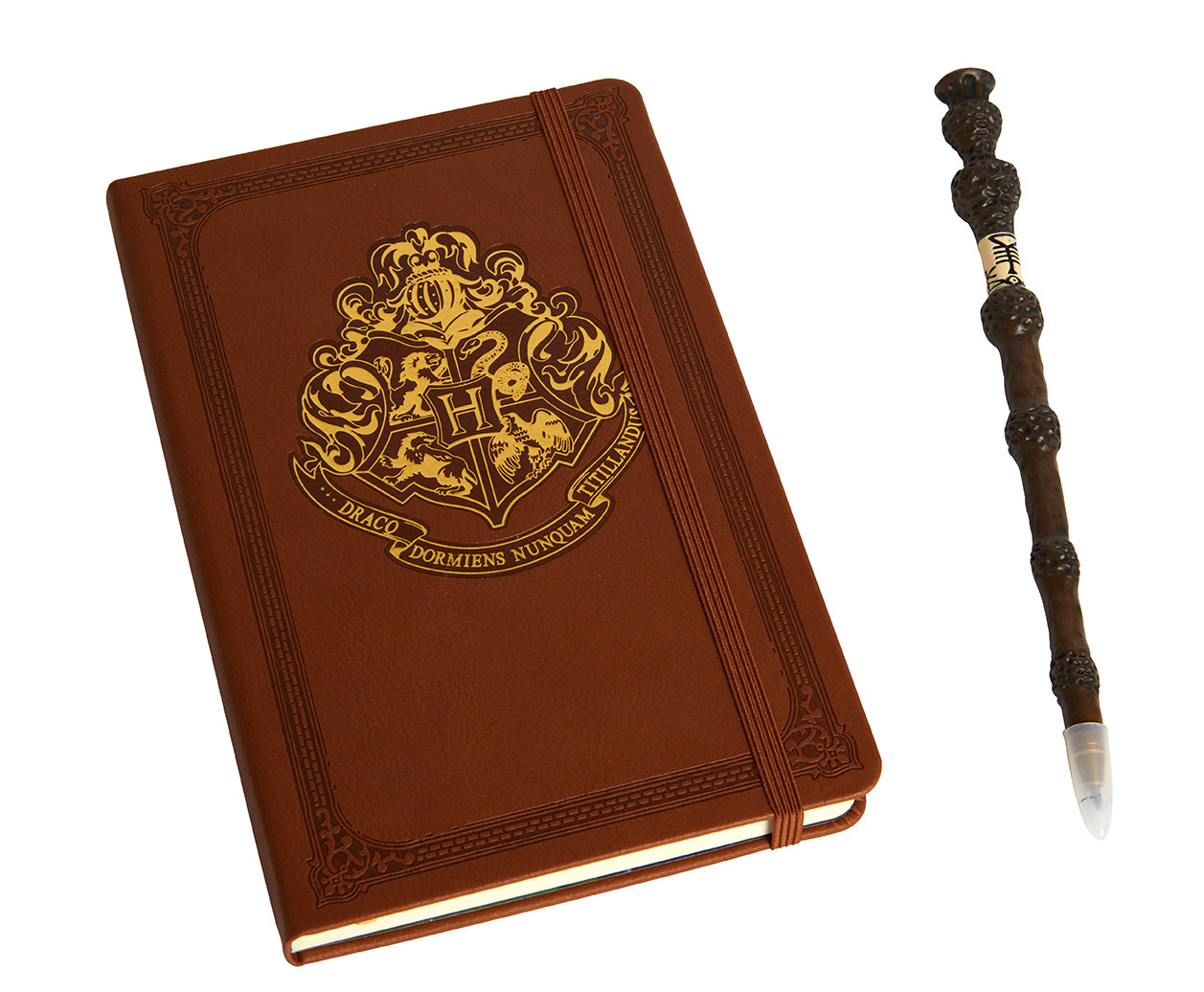 Harry Potter Hogwarts hardcover journal with embossed Hogwarts crest and Elder Wand pen set featuring detailed wand design.
