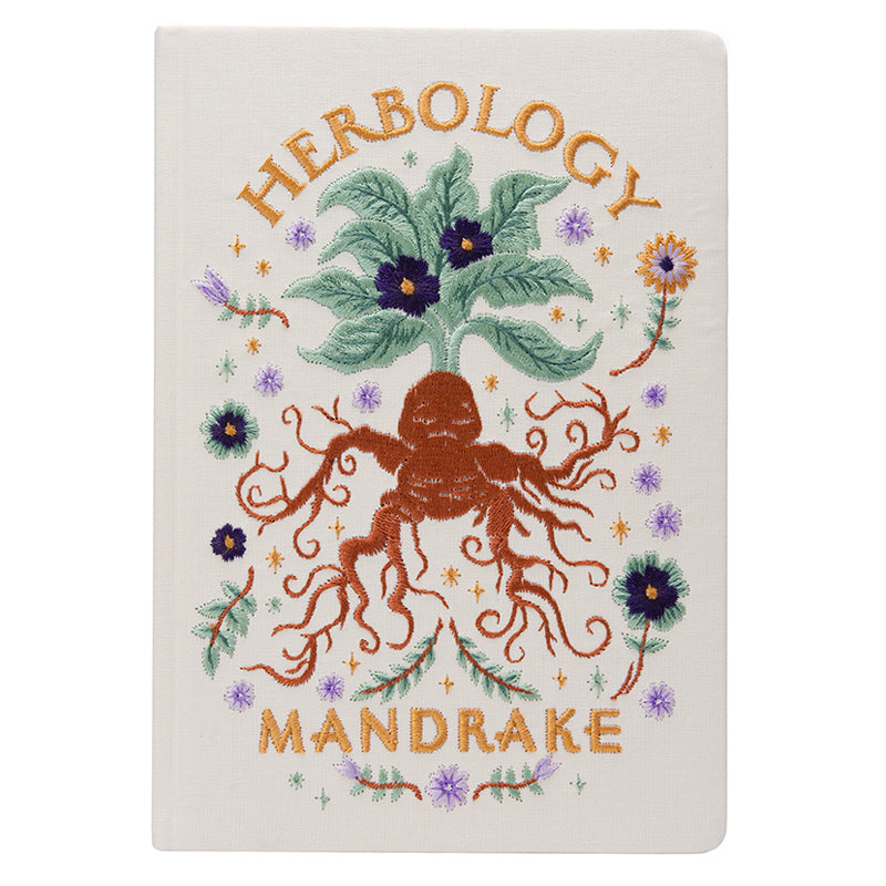 Hardcover Harry Potter Mandrake embroidered journal with detailed botanical design, by Insight Editions.