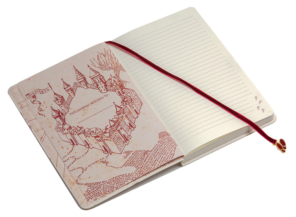 Hardcover Harry Potter Marauder's Map journal with ribbon charm by Insight Editions, featuring enchanted map design on the cover.