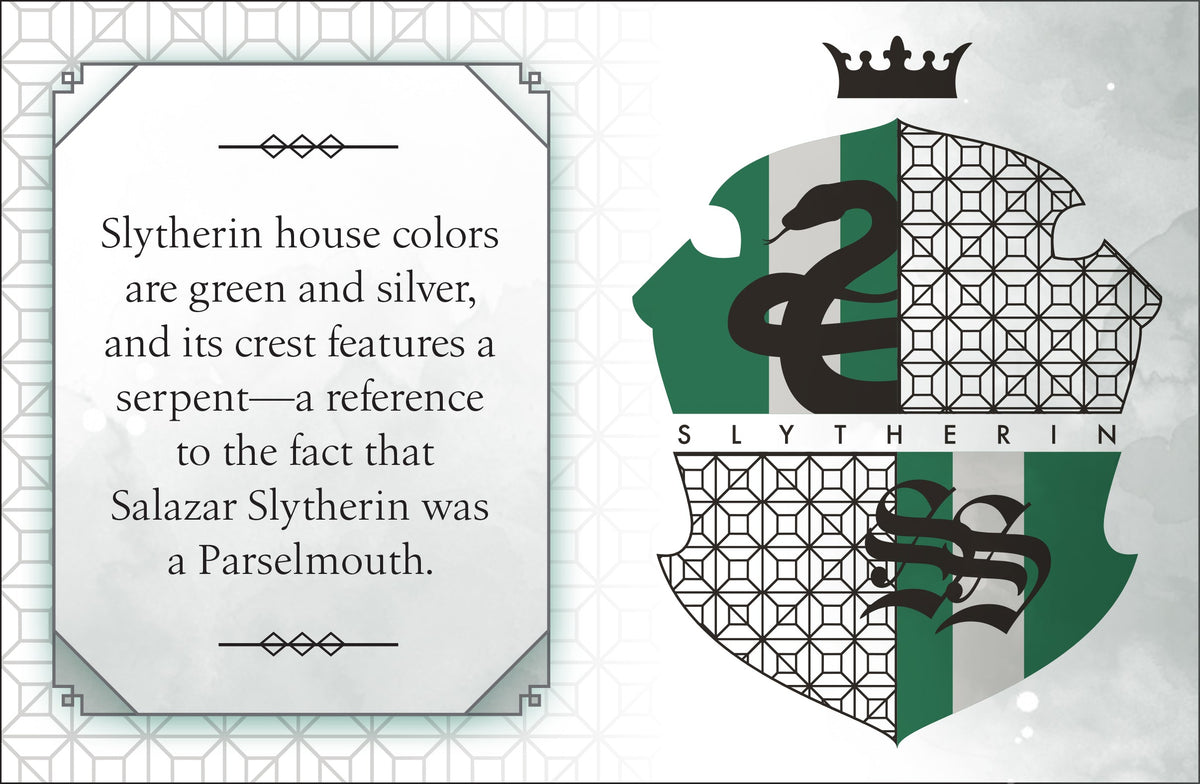 Interior image of a Harry Potter Slytherin hardcover book by Insight Editions, showing detailed pages and book design.