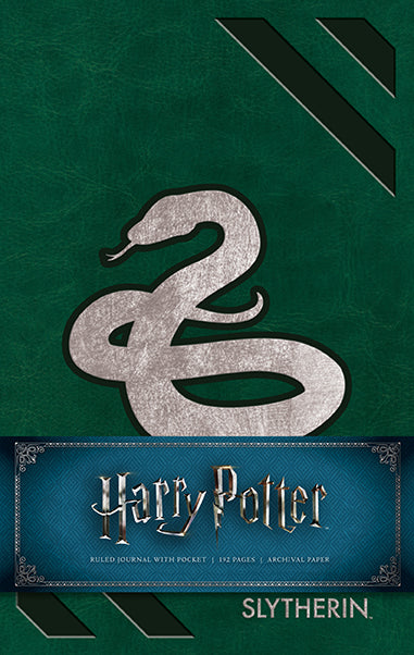 Harry Potter Slytherin hardcover ruled journal with green cover and Slytherin emblem, perfect for note-taking and writing.
