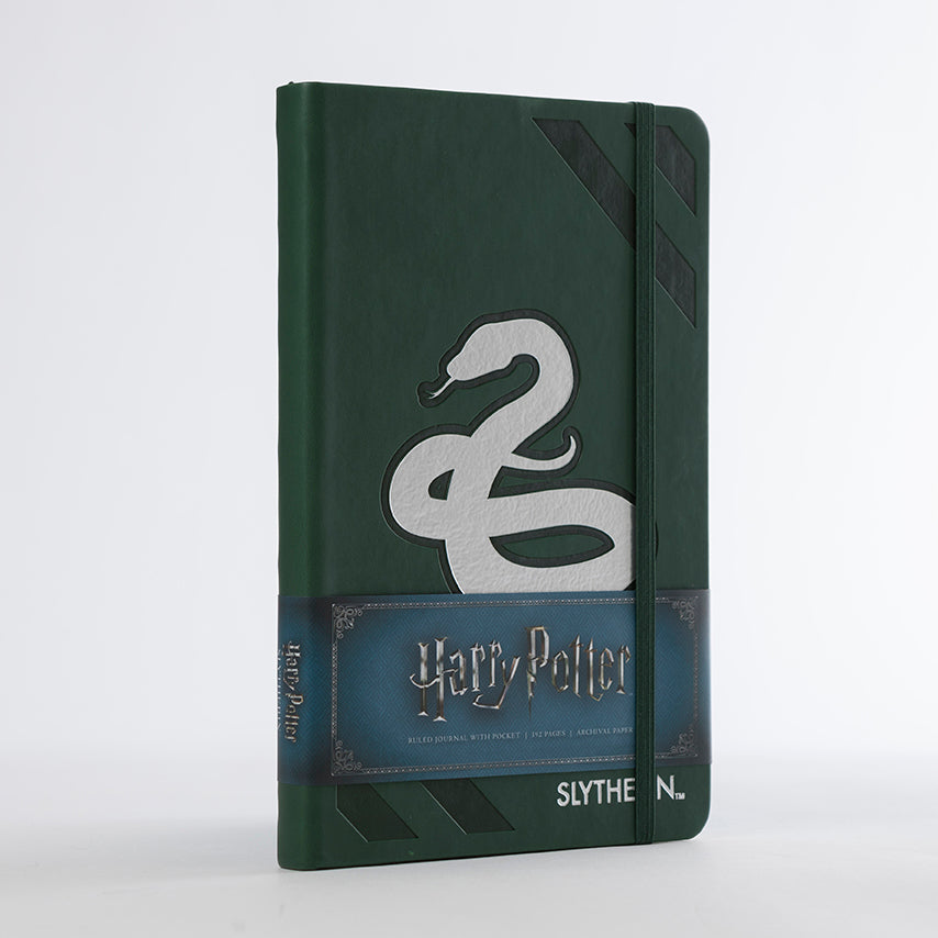 Harry Potter Slytherin hardcover ruled journal with green cover and Slytherin emblem, perfect for notes and writing.