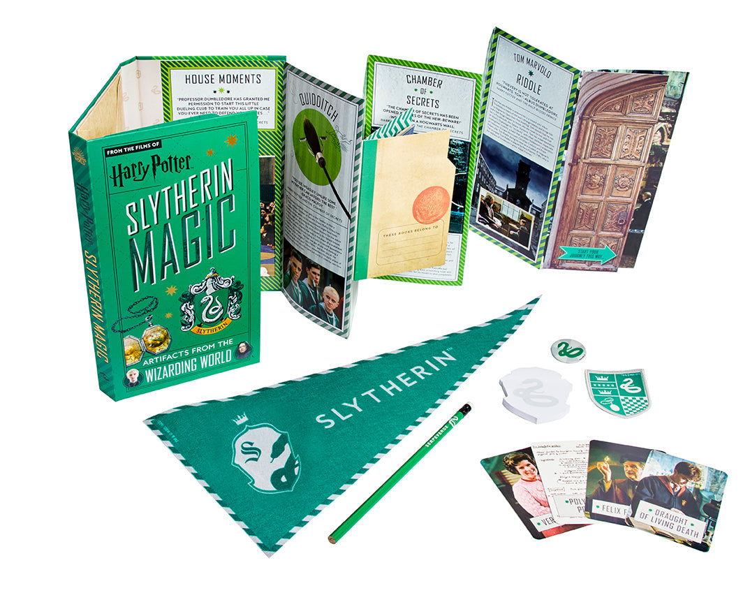 Hardcover Harry Potter Slytherin Magic book by Insight Editions with green cover and magical Slytherin emblem.