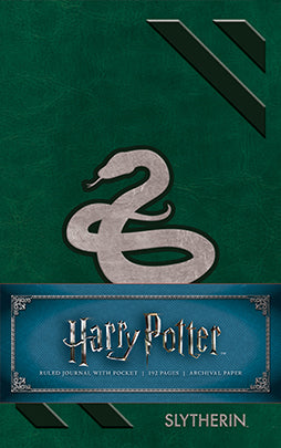 Hardcover Harry Potter Slytherin ruled pocket journal by Insight Editions with green cover and Slytherin crest design.