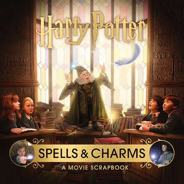 Hardcover Harry Potter: Spells and Charms movie scrapbook by Insight Editions, featuring colorful pages and magical illustrations.