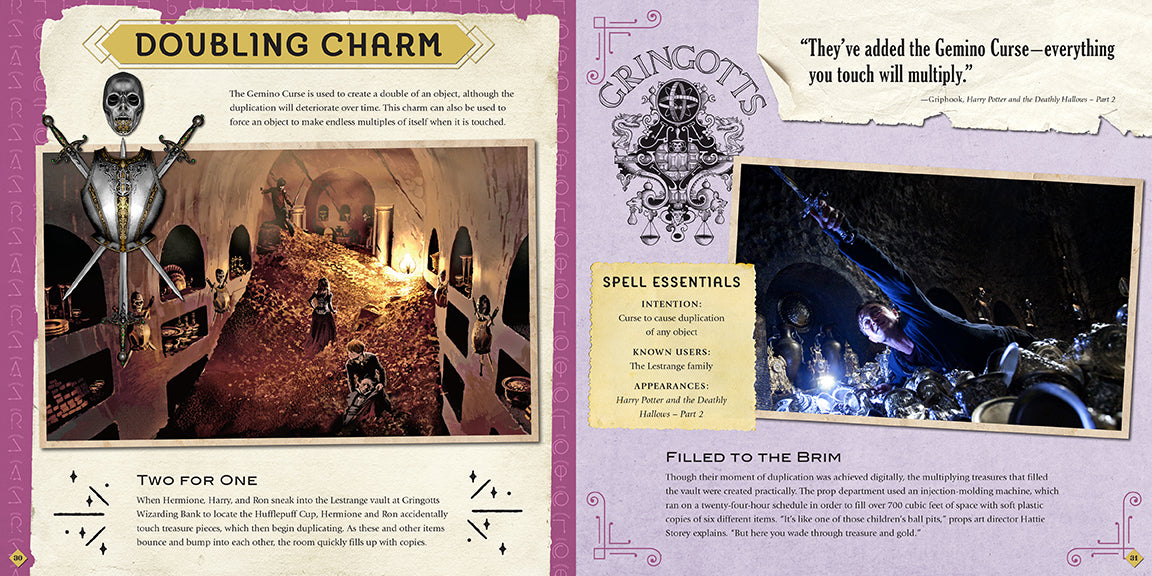 Hardcover Harry Potter: Spells and Charms movie scrapbook by Insight Editions, featuring pages with magical spell illustrations and charms.