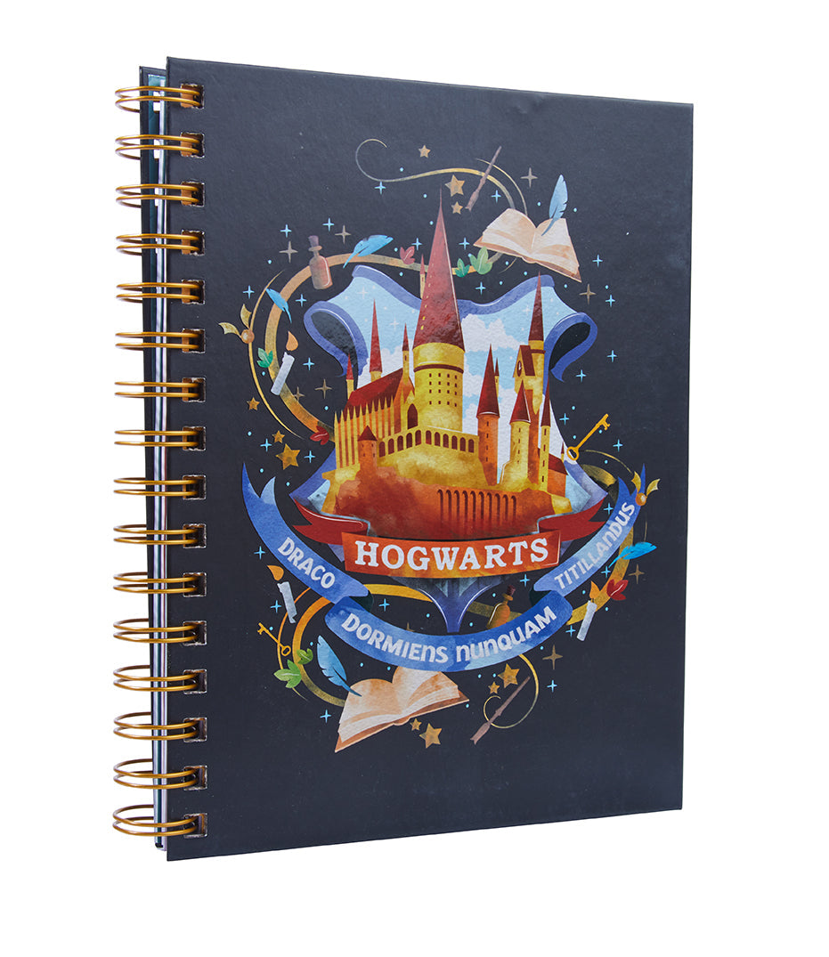 Hardcover Harry Potter spiral notebook by Insight Editions with magical-themed cover design and lined pages inside.