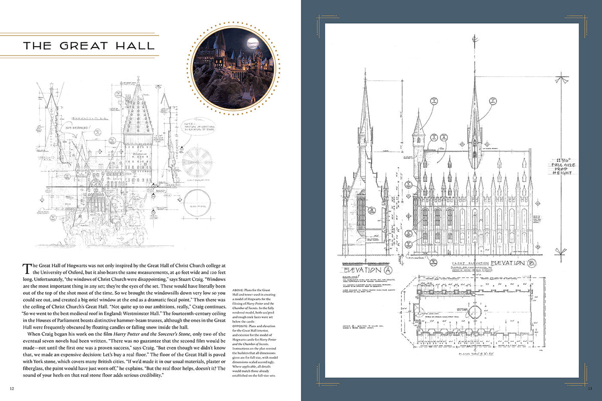 Interior page of Harry Potter: The Blueprints hardcover book by Insight Editions, featuring detailed blueprint illustrations and designs.