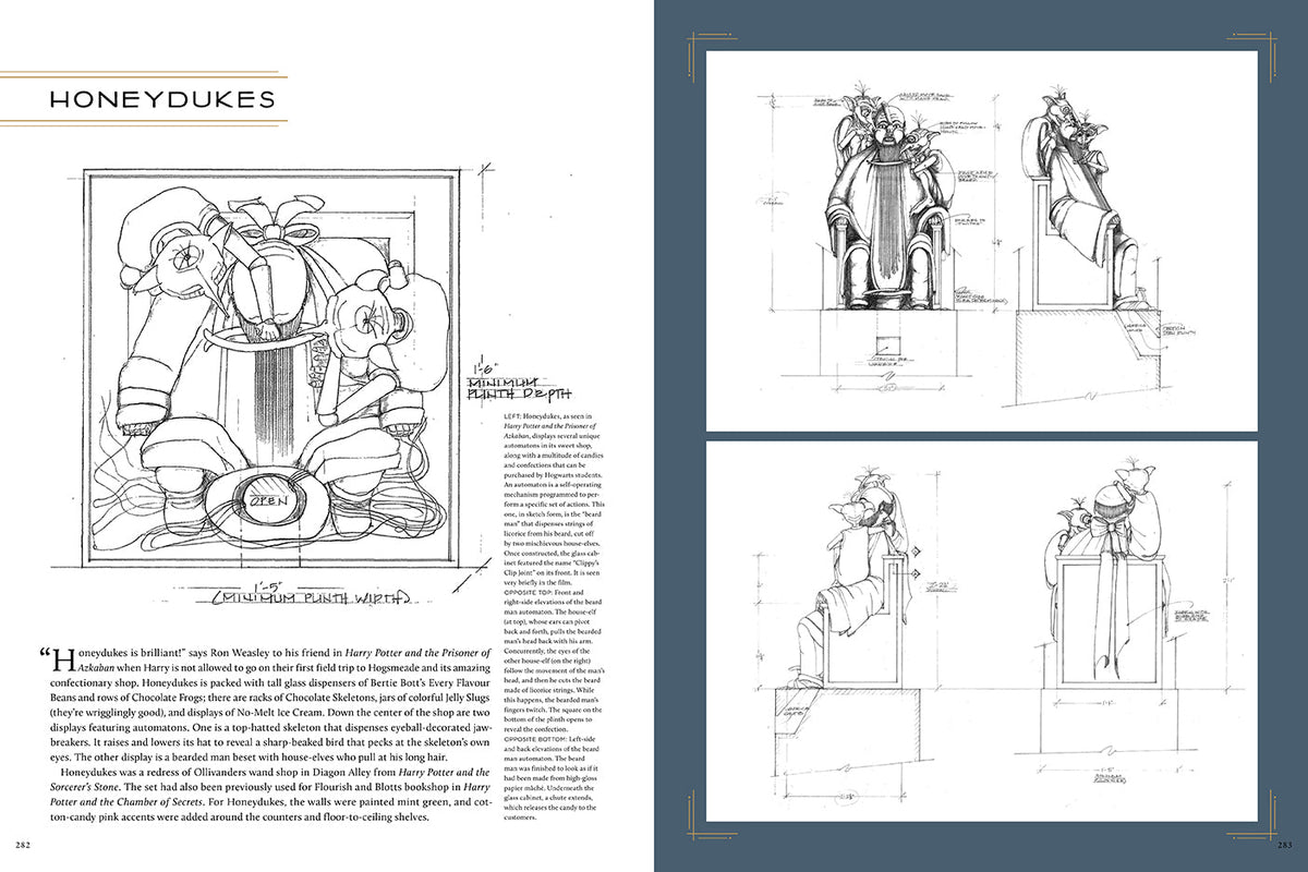 Inside view of the hardcover Harry Potter: The Blueprints book by Insight Editions, showing detailed blueprint illustrations.
