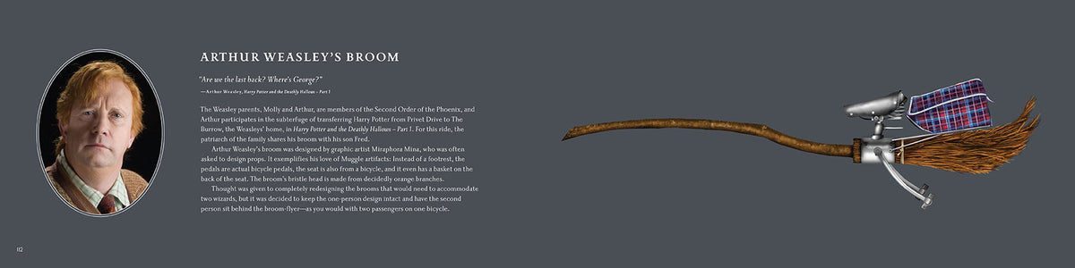 Open hardcover of Harry Potter: The Broom Collection by Insight Editions showing detailed interior pages and illustrations.