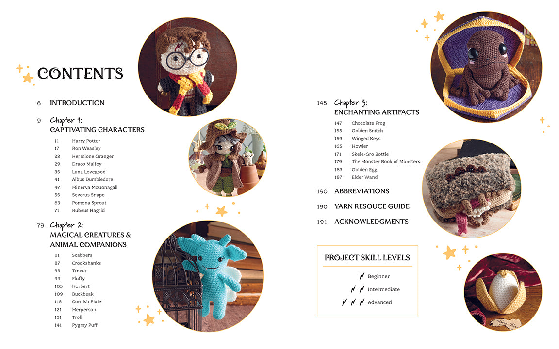 Hardcover book titled "Harry Potter: The Official Book of Crochet Amigurumi" by Insight Editions, featuring magical crochet patterns.