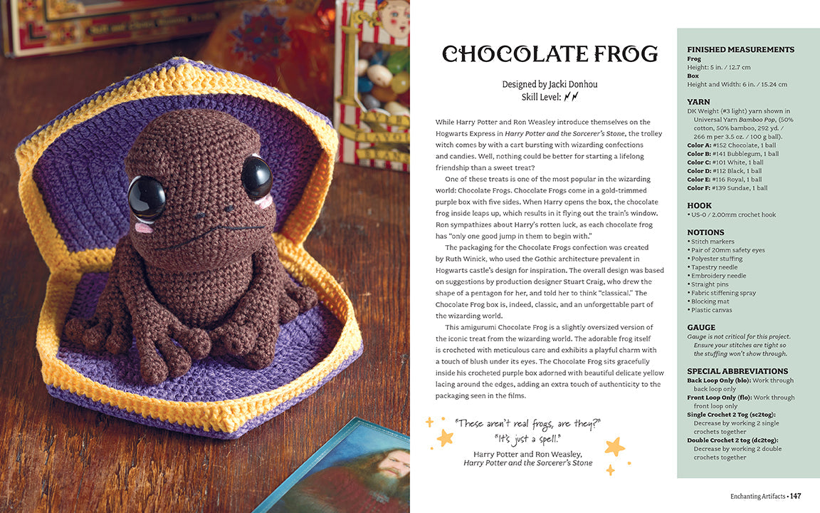 Hardcover book titled "Harry Potter: The Official Book of Crochet Amigurumi" by Insight Editions featuring magical crochet patterns.