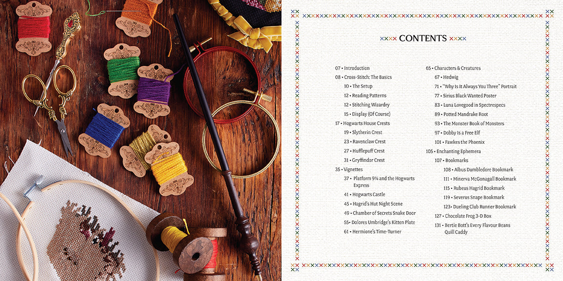 Hardcover Harry Potter cross-stitch book by Insight Editions featuring Hogwarts-themed embroidery patterns and illustrations.