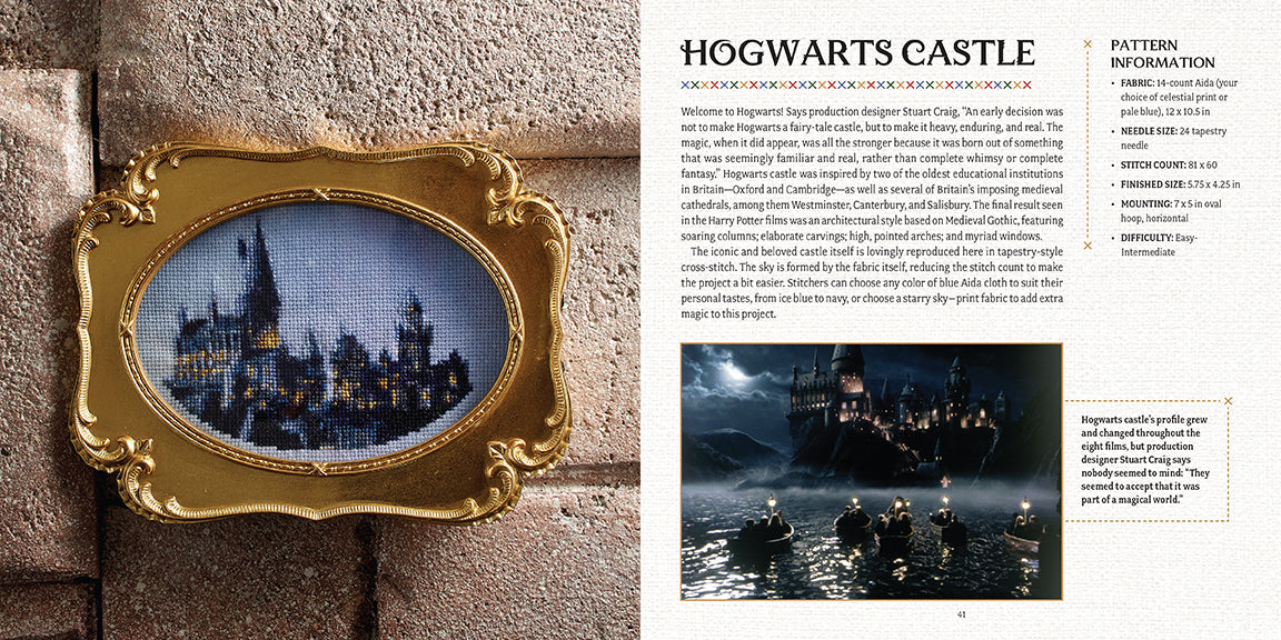 Hardcover Harry Potter: The Official Hogwarts Book of Cross-Stitch by Insight Editions, featuring magical cross-stitch patterns and book cover design.