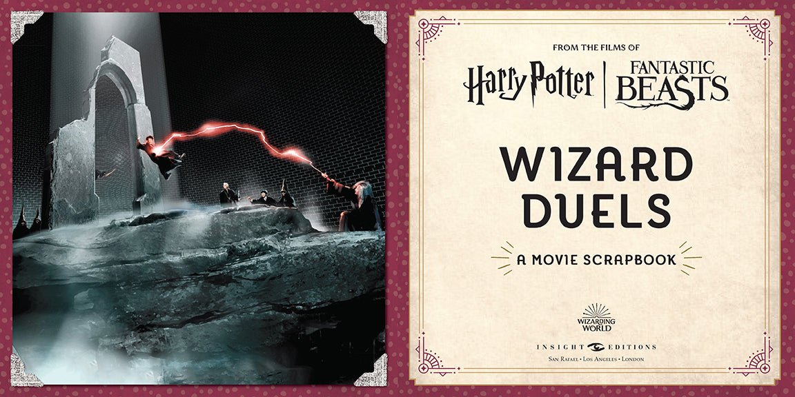 Hardcover Harry Potter Wizard Duels scrapbook by Insight Editions showing magical duel illustrations and vintage movie-themed pages.
