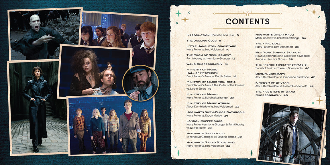 Hardcover copy of Harry Potter Wizard Duels: A Movie Scrapbook by Insight Editions, featuring magical duel illustrations and film memorabilia.