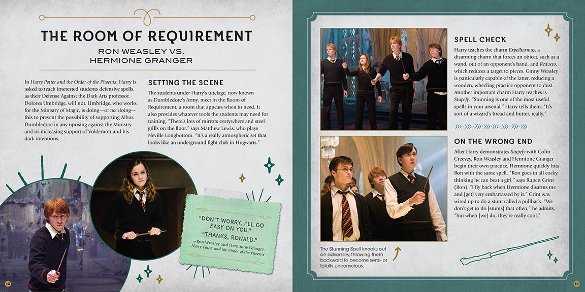 Hardcover Harry Potter Wizard Duels scrapbook by Insight Editions featuring magical duel scenes and movie memorabilia pages.