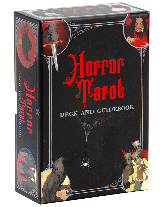 Hardcover Horror Tarot Deck and Guidebook by Insight Editions featuring dark, spooky artwork and detailed card illustrations.