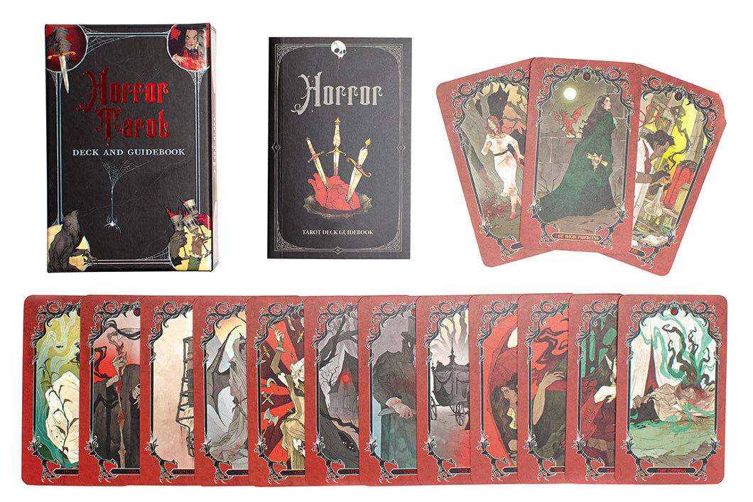 Hardcover Horror Tarot Deck and Guidebook by Insight Editions featuring dark, eerie artwork for tarot reading and horror-themed insights.