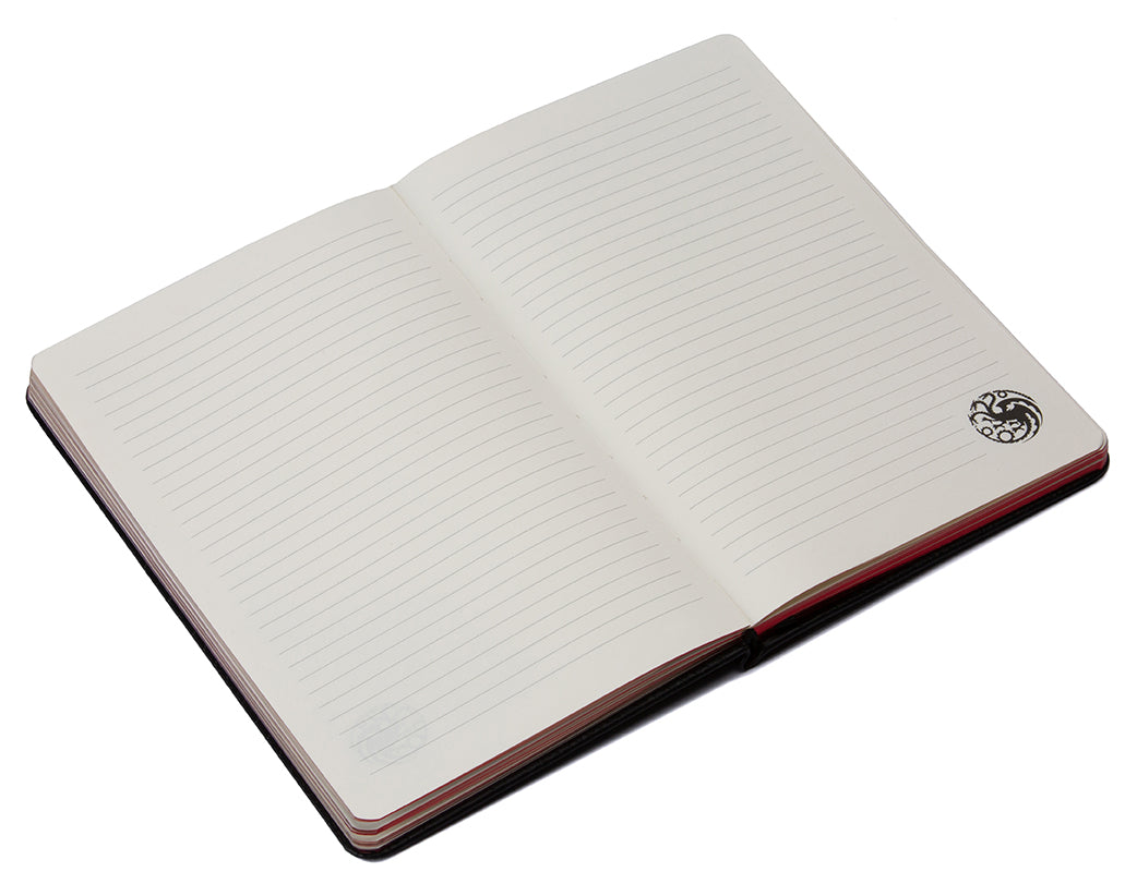 Hardcover House of the Dragon Targaryen Fire & Blood journal with dragon emblem from Insight Editions, open to show lined pages.