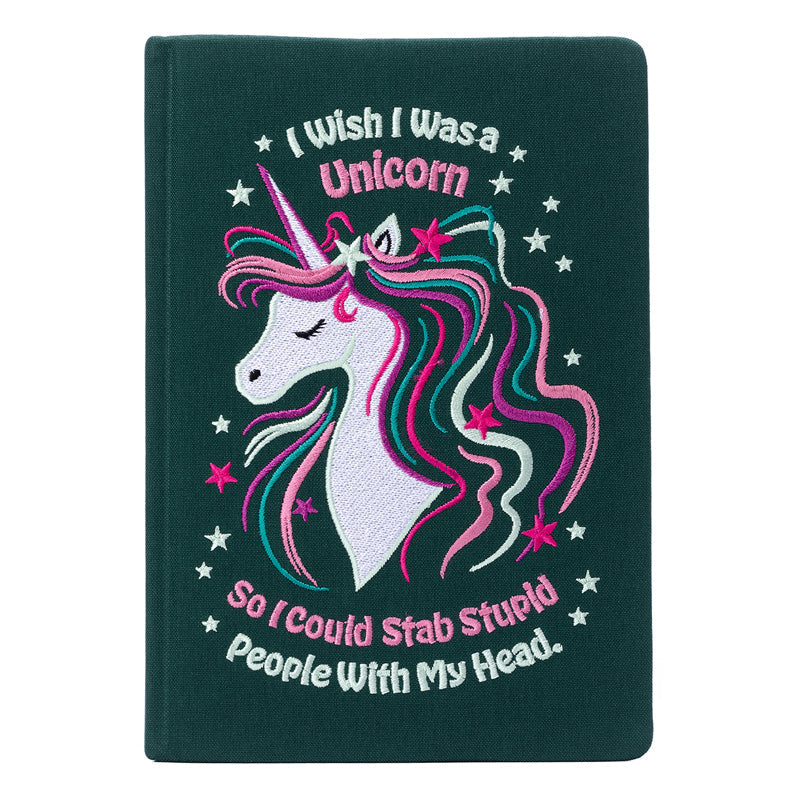 Hardcover embroidered journal titled "I Wish I Was a Unicorn" by Insight Editions, featuring whimsical unicorn design on the cover.