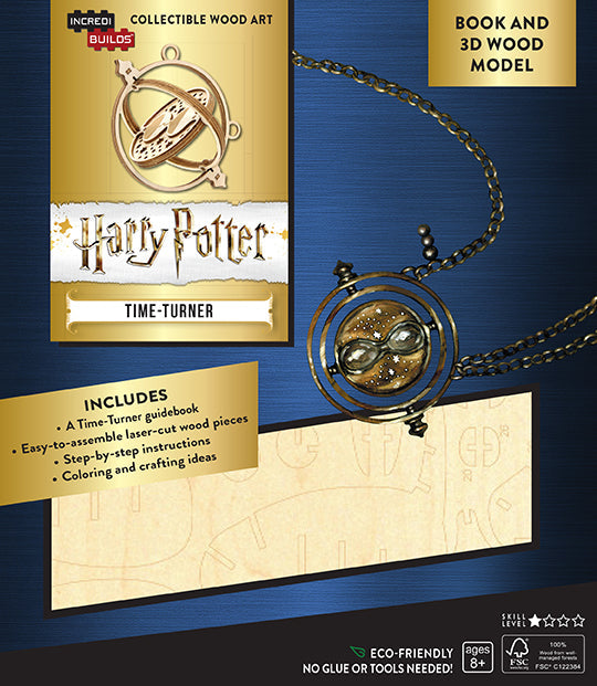 Hardcover Harry Potter Time-Turner book and 3D wood model by IncrediBuilds, showcasing detailed craftsmanship and magical design.