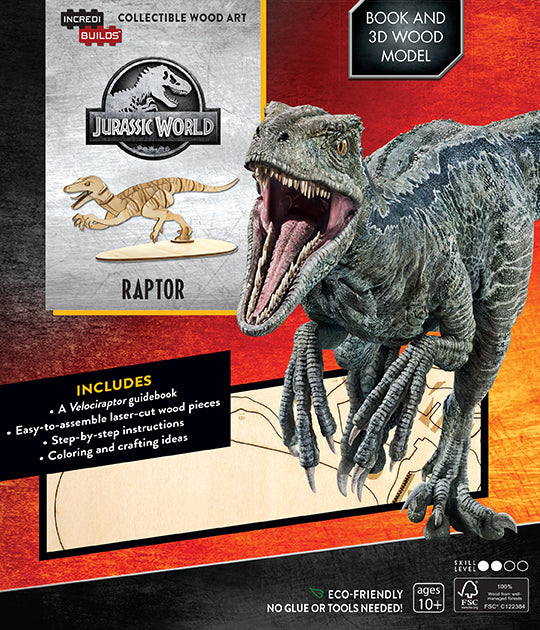 Hardcover IncrediBuilds Jurassic World Raptor book with 3D wood model showcasing detailed dinosaur illustration and packaging.