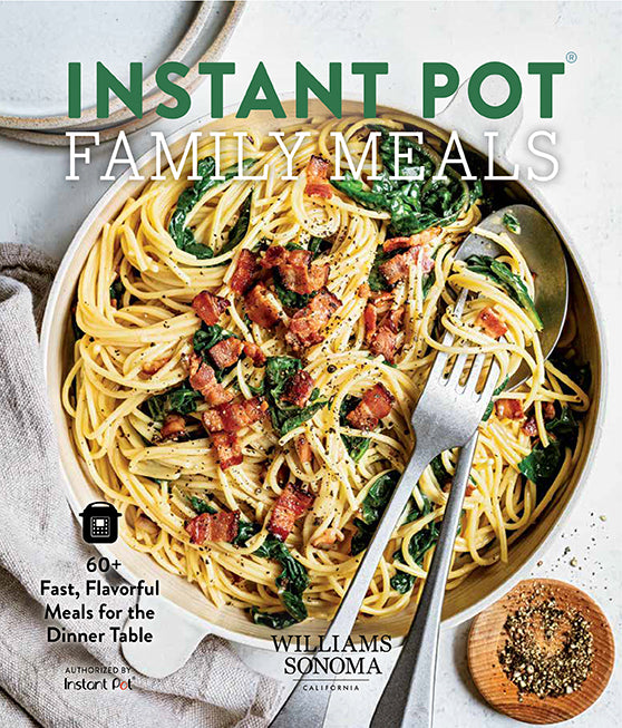 Hardcover book titled "Instant Pot Family Meals" by Insight Editions, featuring colorful images of delicious home-cooked dishes.